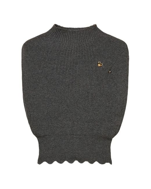 Twinset Gray Wool-Blend Top With Brooch