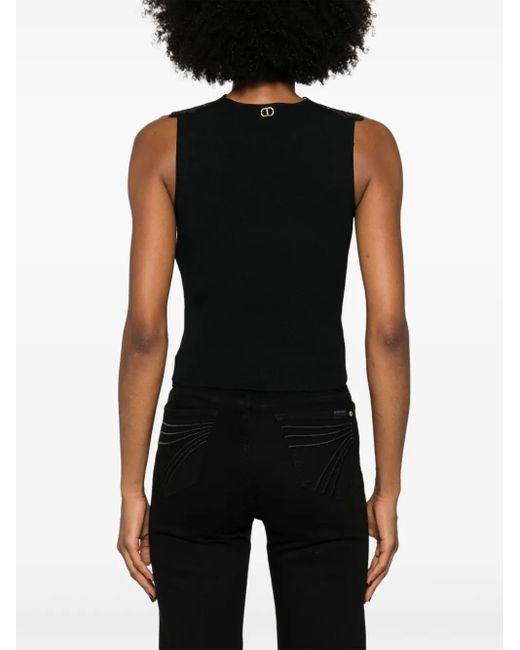 Twinset Black Lace-Detail Ribbed-Knit Top