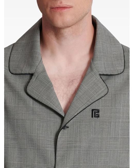 Balmain Gray Prince Of Wales-Check Short-Sleeve Shirt for men