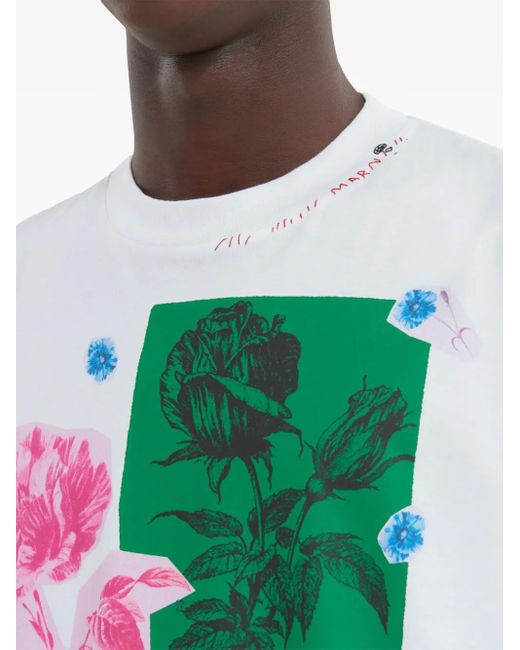 Marni White Floral-Print Cotton T-Shirt for men