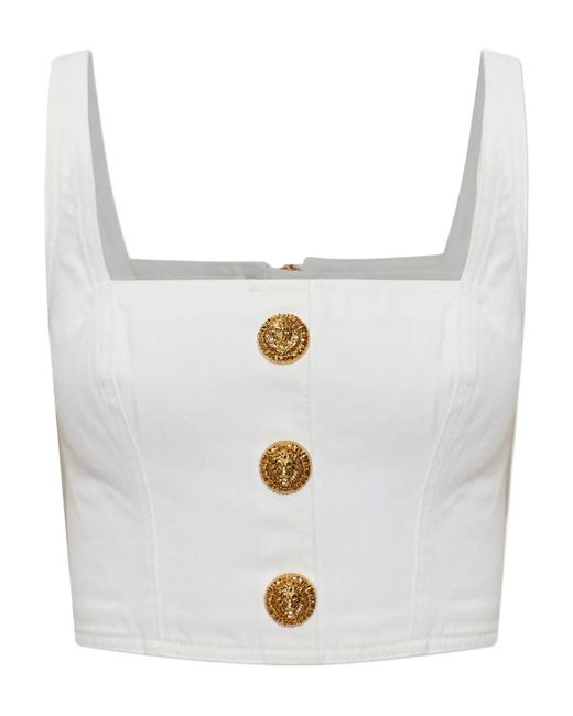 Balmain White Button Square-neck Top