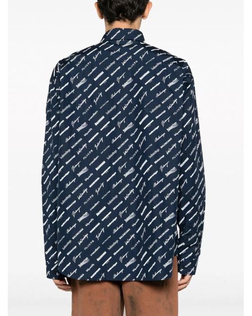 Balenciaga Blue Logo-Print Cotton Shirt for men