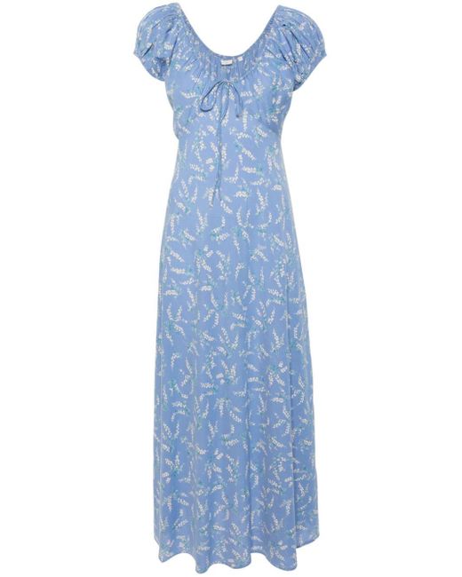 Doen Blue Wide-neck Floral-print Midi Dress