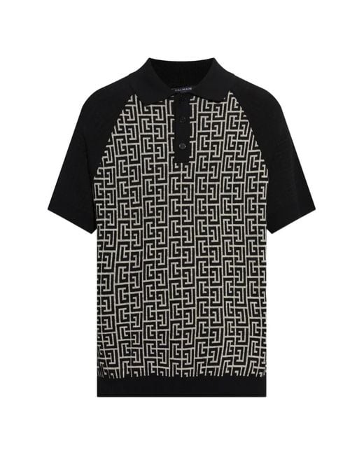Balmain Black Monogram-Pattern Raglan-Sleeve Polo Shirt for men