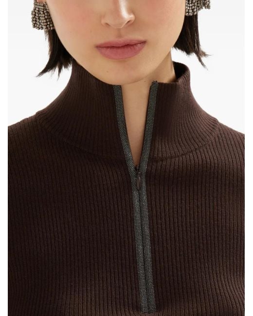 Brunello Cucinelli Black Ribbed Zip-Neck Sweater