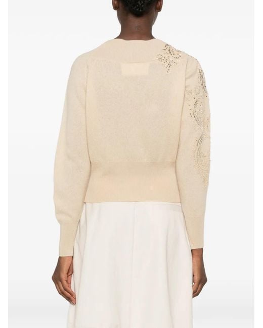 Ermanno Scervino Natural Sequin-Embellished Lace-Insert Cashmere Sweater