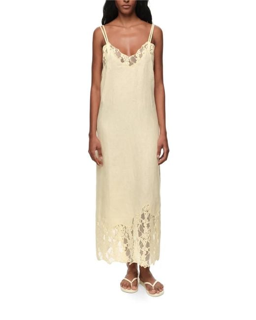 Bimba Y Lola White Light Washed Linen Lace V-Neck Dress
