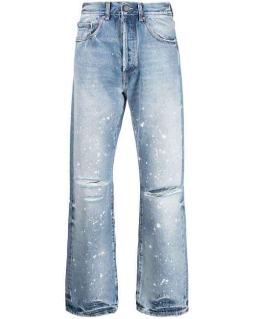 Palm Angels Blue Paint-splatter Straight Jeans for men