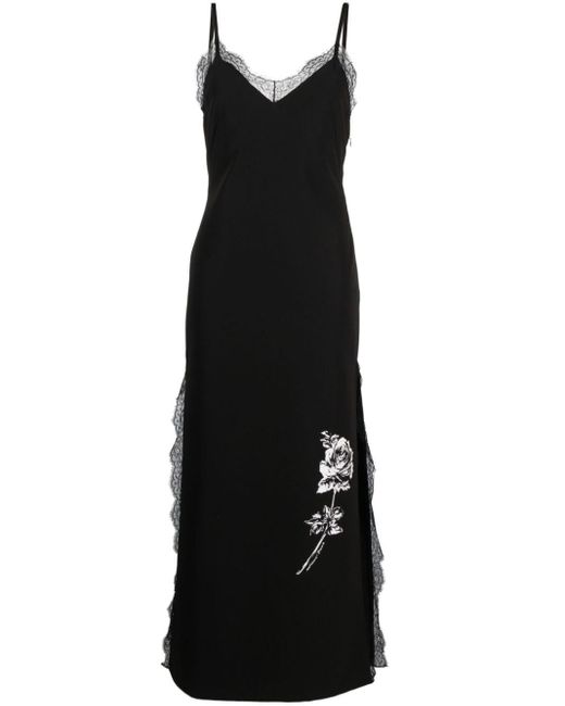 Moschino Jeans Black Lace-trim Rose-embroidered Maxi Dress