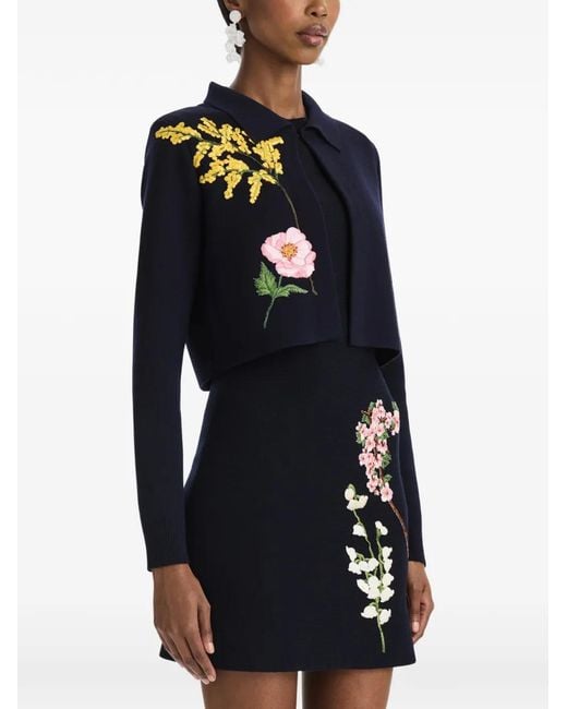 Oscar de la Renta Blue Botanical-Embroidery Cropped Jacket