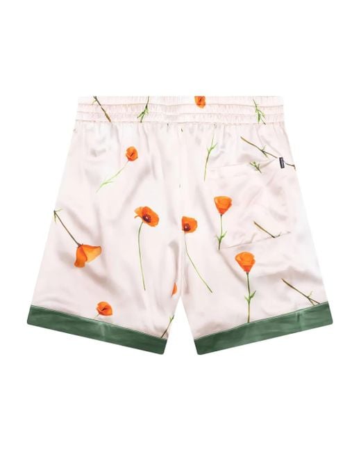 NAHMIAS Pink Poppy-Print Side-Stripe Silk Shorts for men
