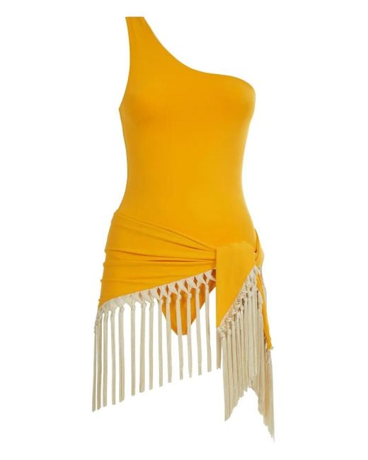 Taller Marmo Yellow Yacare One-Shoulder Fringed Swimsuit