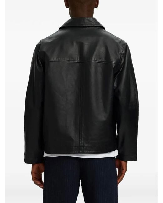 SELECTED Black Lucas Zip-Up Leather Jacket for men