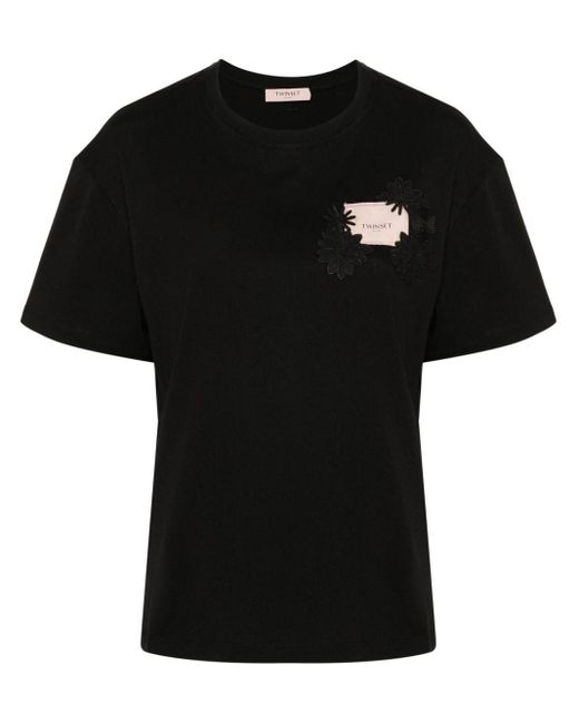 Twin Set Black Oval T Floreal Cotton T-shirt