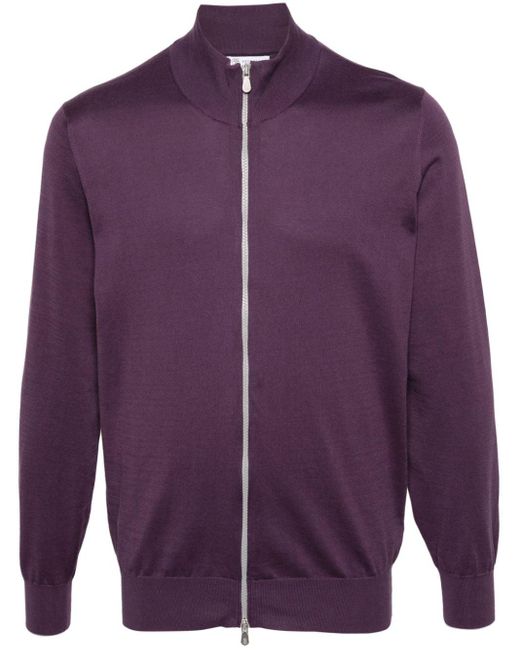 Brunello Cucinelli Fein gestrickter Pullover mit Reißverschluss in Purple für Herren