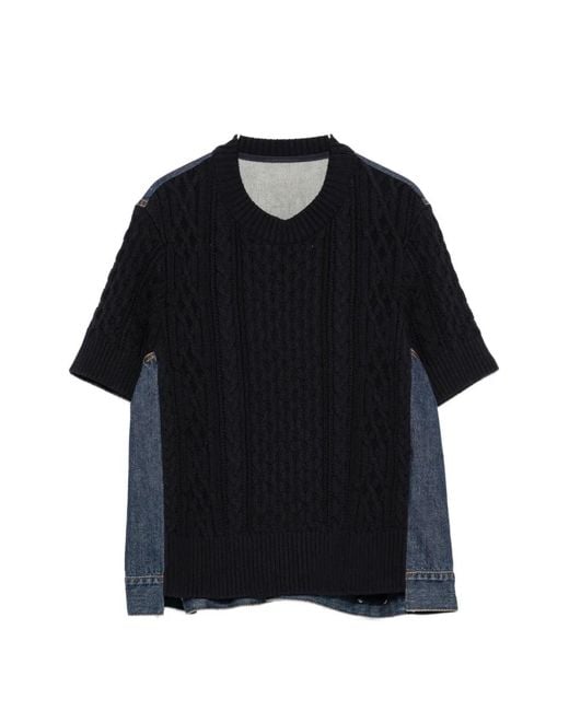 Sacai Black Cable-Knit Denim-Panel Sweater