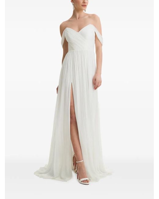 Framboise White Kester Pleated Off-Shoulder Maxi Dress