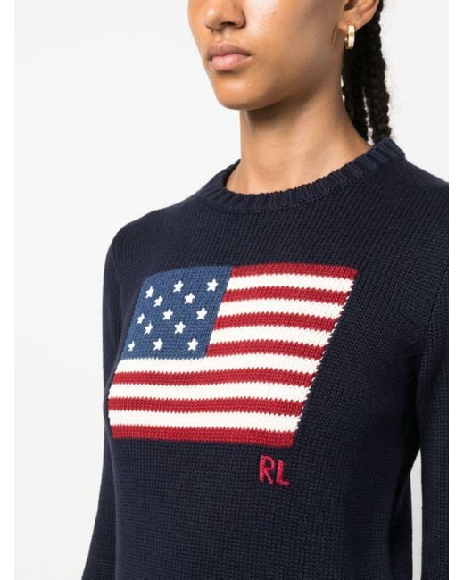 Polo Ralph Lauren Blue Cotton Sweater With Flag Intarsia