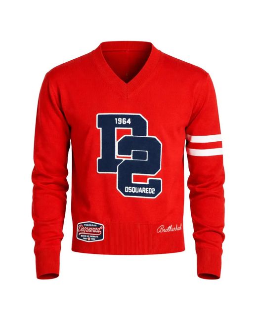 DSquared² Red Shetland Embroidery V-Neck Knitted Sweater for men