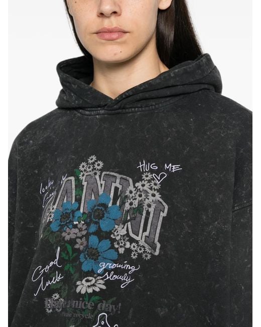 Ganni Black Graphic-Print Acid-Wash Hoodie