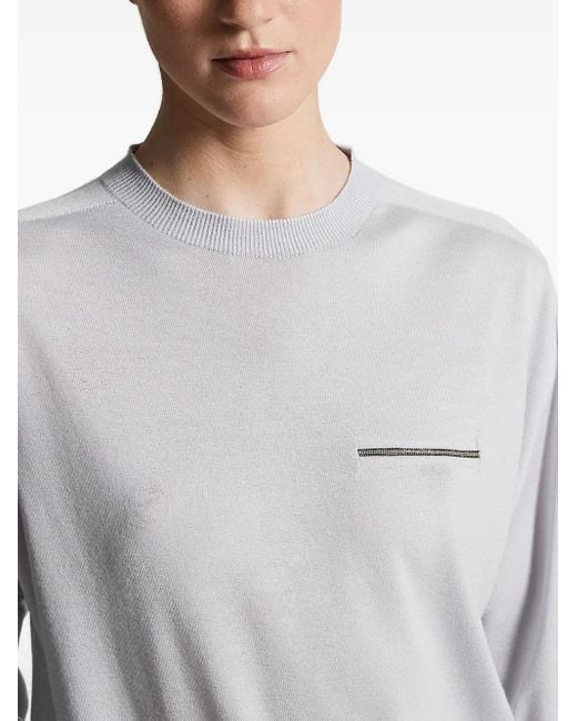 Peserico Gray Three-Quarter Sleeve Embellished Knitted Top