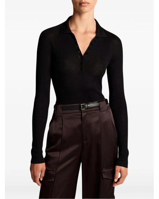 Vince Black Ribbed-Knit Long-Sleeve Polo Top