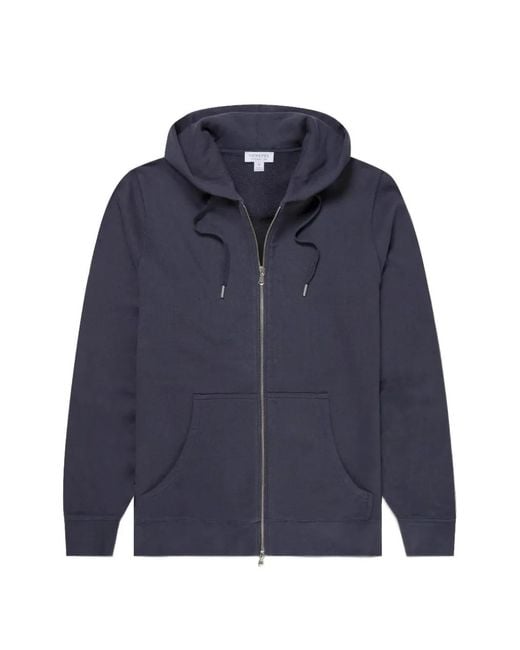 Sunspel Blue Loopback Zip-Up Drawstring Hoodie for men