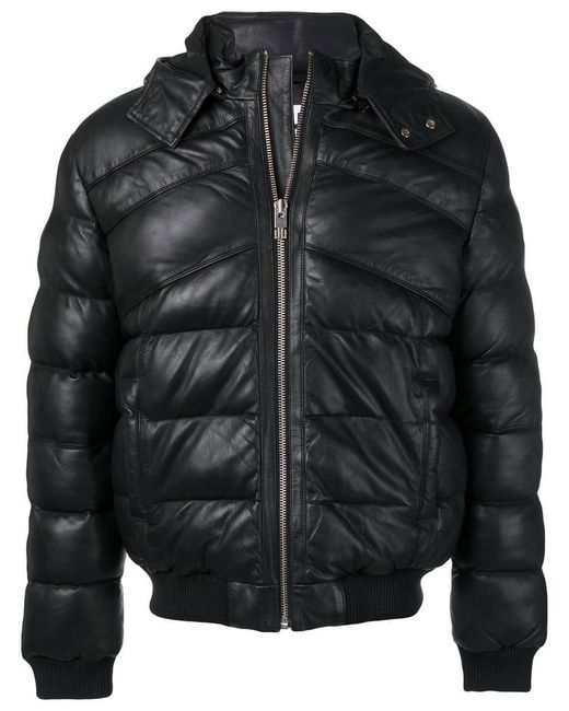 Les Hommes Black Leather Puffer Jacket for men