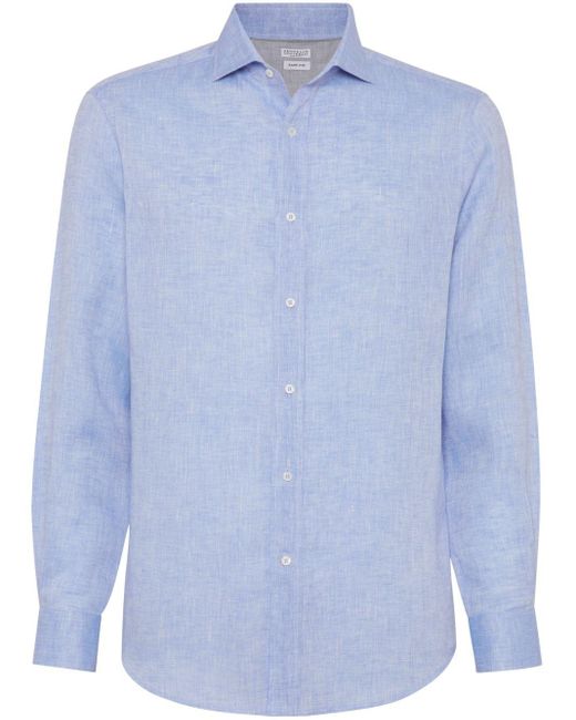 メンズ Brunello Cucinelli スプレッドカラー リネンシャツ Blue