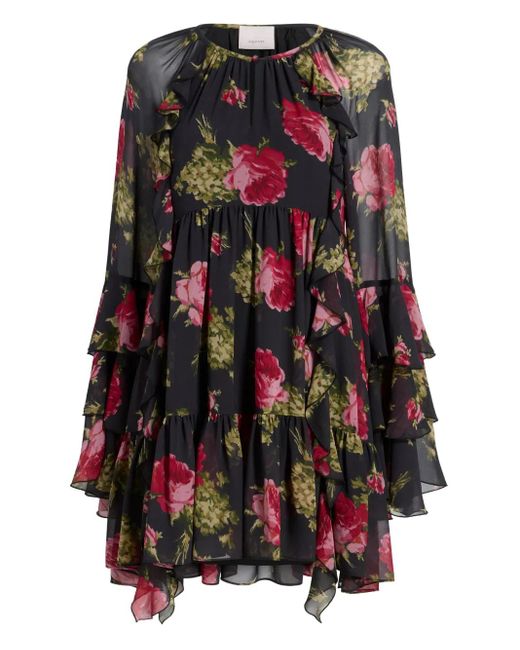 Cinq À Sept Black Emelia Ruffled Baroque-Roses Mini Dress