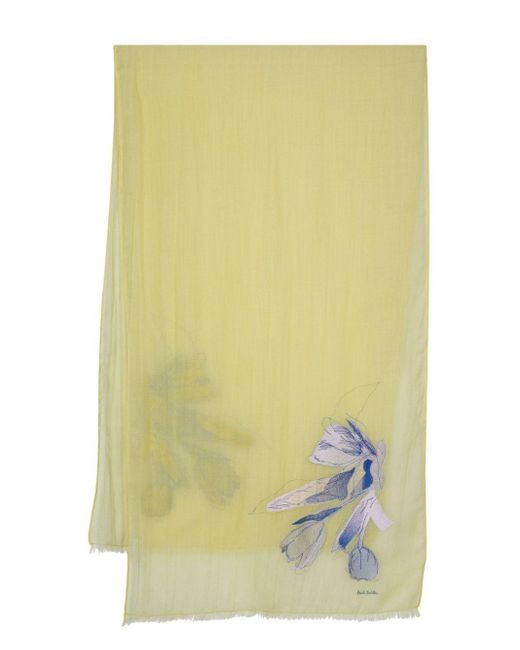 Paul Smith Yellow Floral-embroidered Wool Scarf