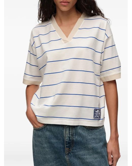 Bimba Y Lola White Striped Logo-Patch T-Shirt