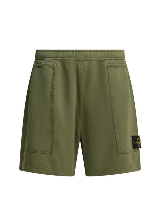 Stone Island Green Logo-Patch Raw-Edge Shorts for men