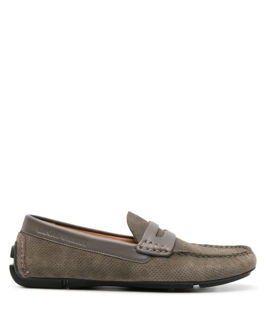 Emporio Armani Gray Perforated Suede Loafers for men