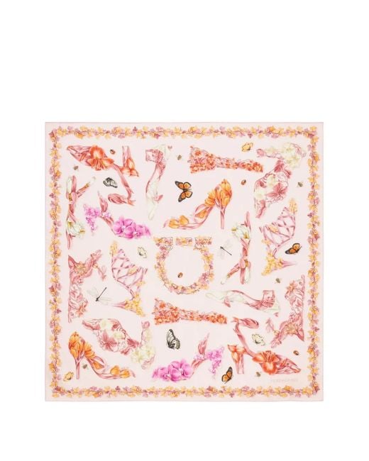 Ferragamo Pink Eden Shoes-Print Silk Scarf