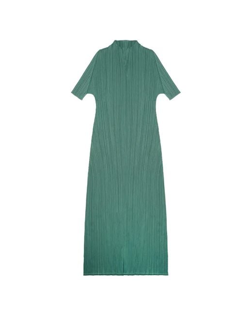 Pleats Please Issey Miyake Green March Pleated Short-Sleeve Midi Dress