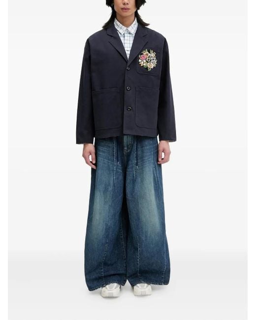 KENZO Blue Floral-Embroidered Button-Up Shirt Jacket for men