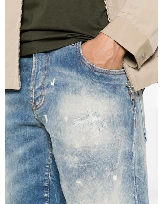 Yes London Blue Distressed Paint-Splatter Shorts for men