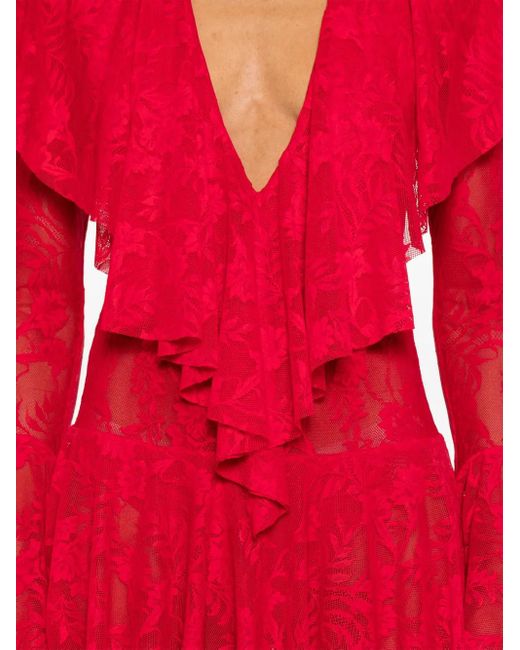 Norma Kamali Vネック ラッフル ドレス Red