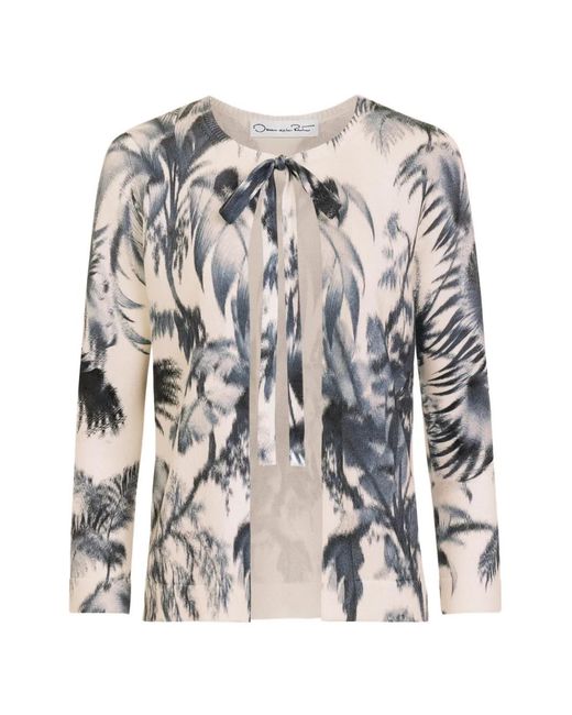 Oscar de la Renta White Chiné Palm Leaves Cardigan