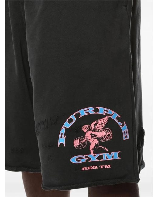 Purple Brand Black Graphic-Print Distressed Shorts