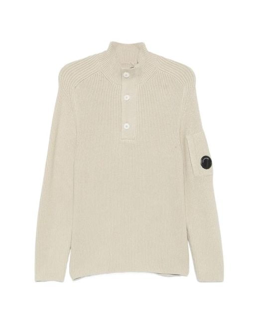 C P Company White Lens-Detail Ribbed-Knit Sweater for men