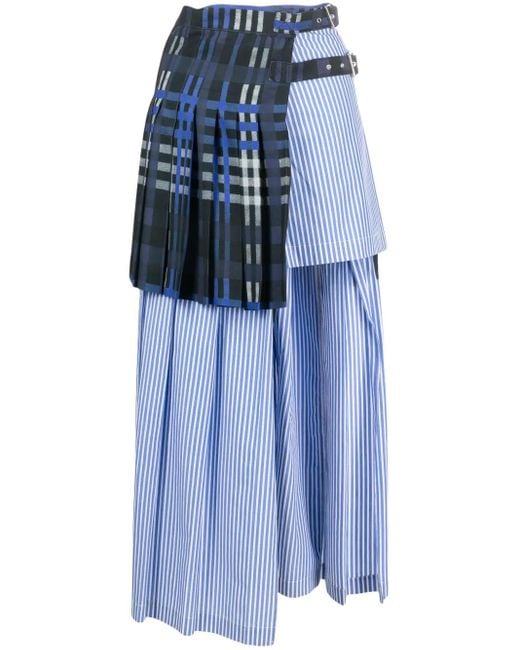 MSGM Blue Mix-Print Layered Asymmetric Midi Skirt
