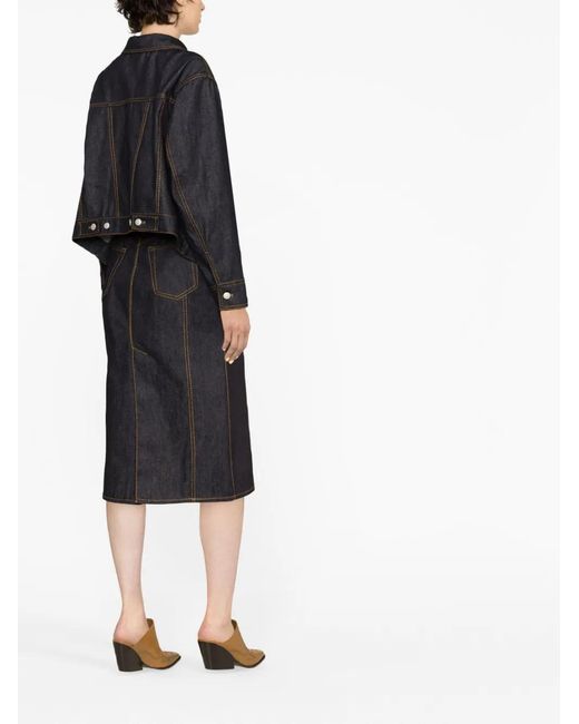 Alexander McQueen Black Contrast-Stitch Denim Midi Skirt