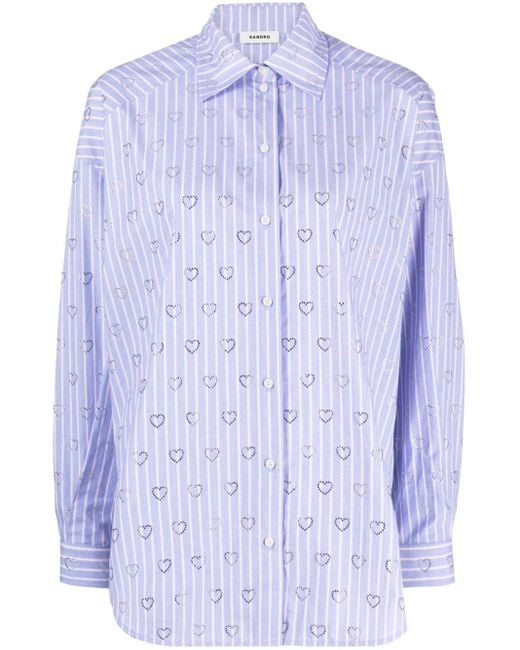 Sandro Blue Valentine Stripe Rhinestone Heart Cotton Button-up Shirt