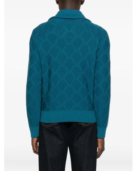Canali Blue Diamond-Pattern Zip-Neck Sweater for men