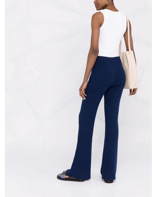 Alberta Ferretti Blue Ribbed-Knit Flared Trousers