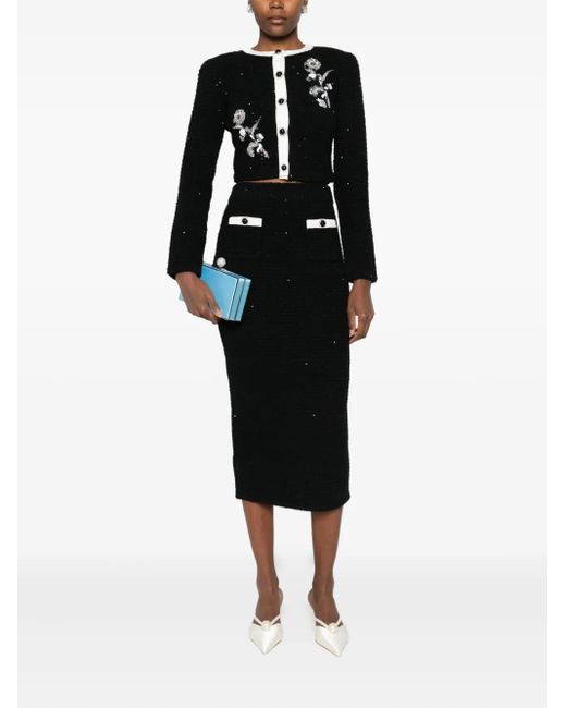 Self-Portrait Black Floral Textured Knit Jacket