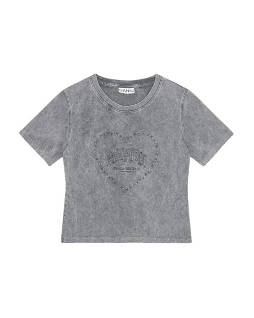 Ganni Gray Logo-Embroidered T-Shirt