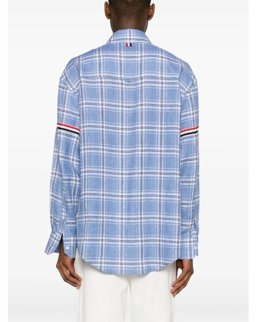Thom Browne Geruit Linnen Overhemd Met Rwb-Streep in het Blue voor heren